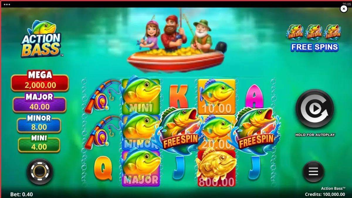 Pemandangan tepi danau yang tenang dalam permainan slot Action Bass