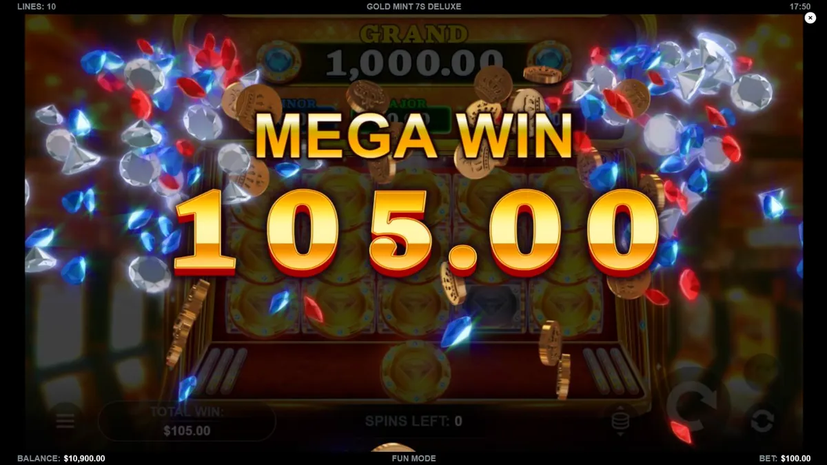 Gold Mint 7s Deluxe slot machine interface featuring gold and jewels