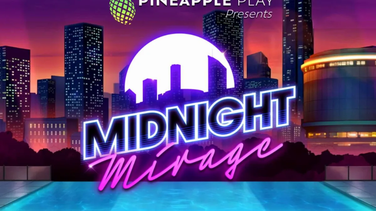 Tampilan visual neon dan mewah dari slot Midnight Mirage dengan latar belakang bar atap kota.